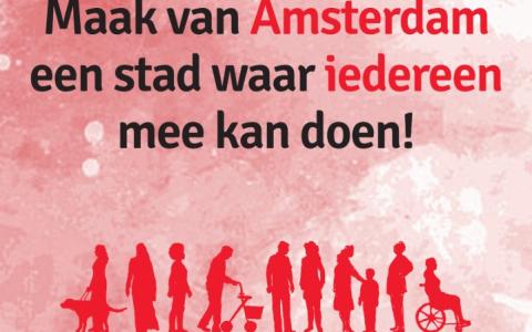 Uitsnede flyer Cliëntenbelang. Tekst: Maak van Amsterdam een stad waar iedereen mee kan doen!