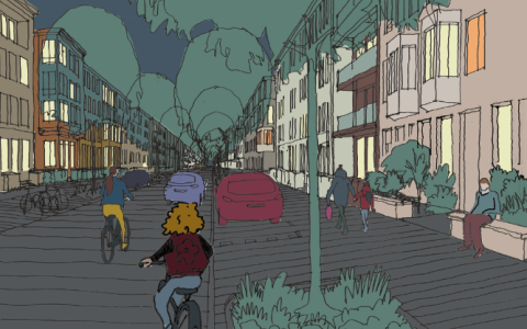 Figuur uit Sociale veiligheid in het fysieke domein: voorbeelduitwerking van een sociaal veilige omgeving waarbij openbare ruimte, stedenbouw & architectuur en programma op ooghoogte elkaar versterken.