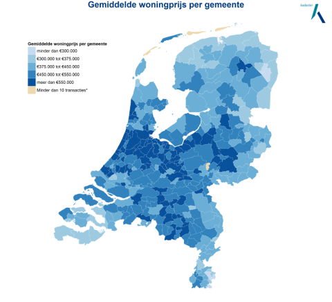 Gemiddelde woningprijs per gemeente, bron Kadaster
