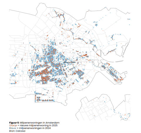 Spreiding miljoenenwoningen in Amsterdam in 2024 en 2025, kaart via Calcasa, 2026