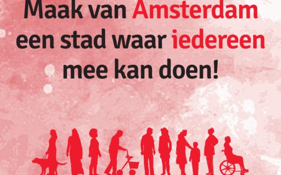 Uitsnede flyer Cliëntenbelang. Tekst: Maak van Amsterdam een stad waar iedereen mee kan doen!