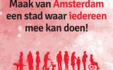 Uitsnede flyer Cliëntenbelang. Tekst: Maak van Amsterdam een stad waar iedereen mee kan doen!