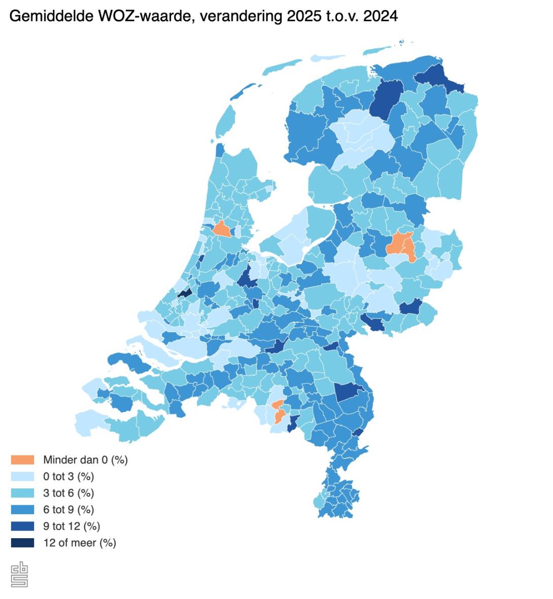Gemiddelde WOZ-waarde, 2025 t.o.v. 2024